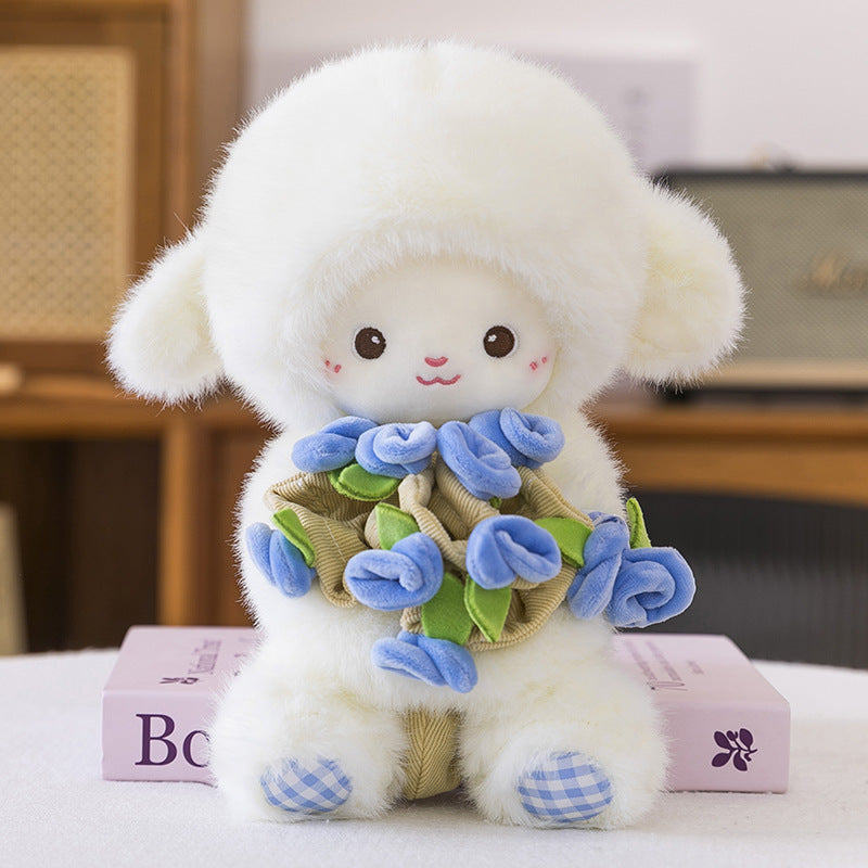 Flower-Holding Lamb Plush with Magnetic Hands