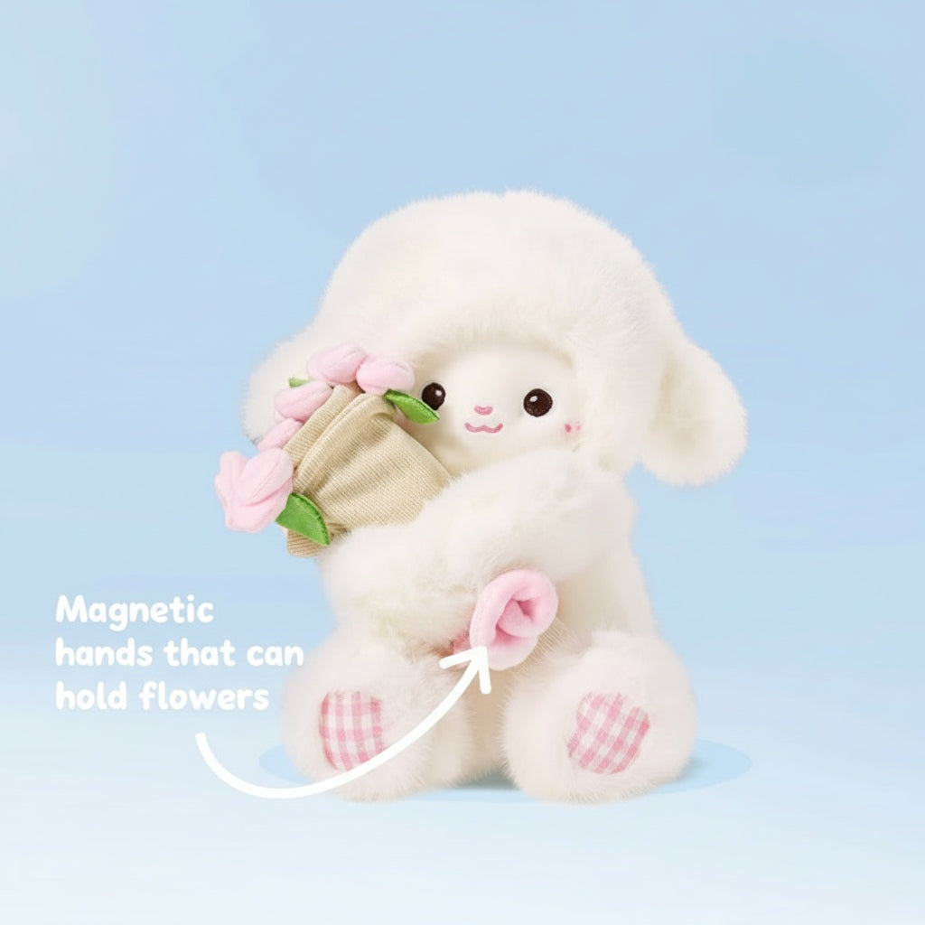 Flower-Holding Lamb Plush with Magnetic Hands